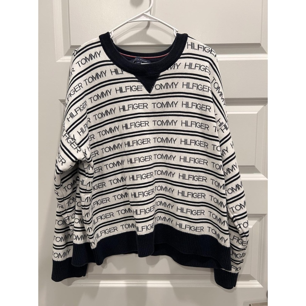 Tommy Hilfiger White & Blue Spell Out Logo Pattern Knit Sweater Men's Large